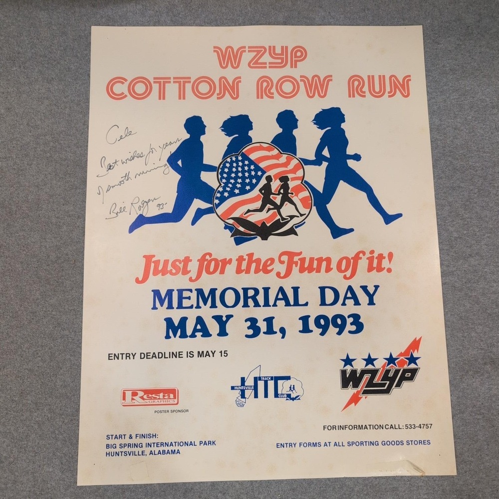Vtg Signed Bill Rodgers '93 WZYP Cotton Row Run Poster US Olympian Huntsville AL - Picture 1 of 5